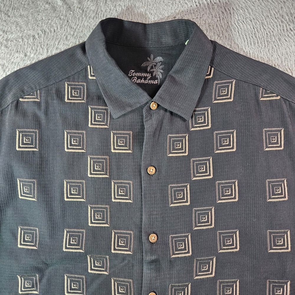 Tommy Bahama Silk Cotton Shirt‎ Men XL Geometric Embroidered Short Sleeve Black